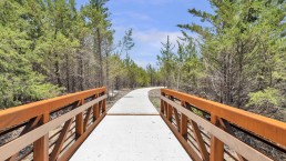 A concrete pathway leads to a bridge with brown wooden railings in a forested area. Tall green trees line both sides of the path under a blue sky with a few clouds, offering serene nature amenities.